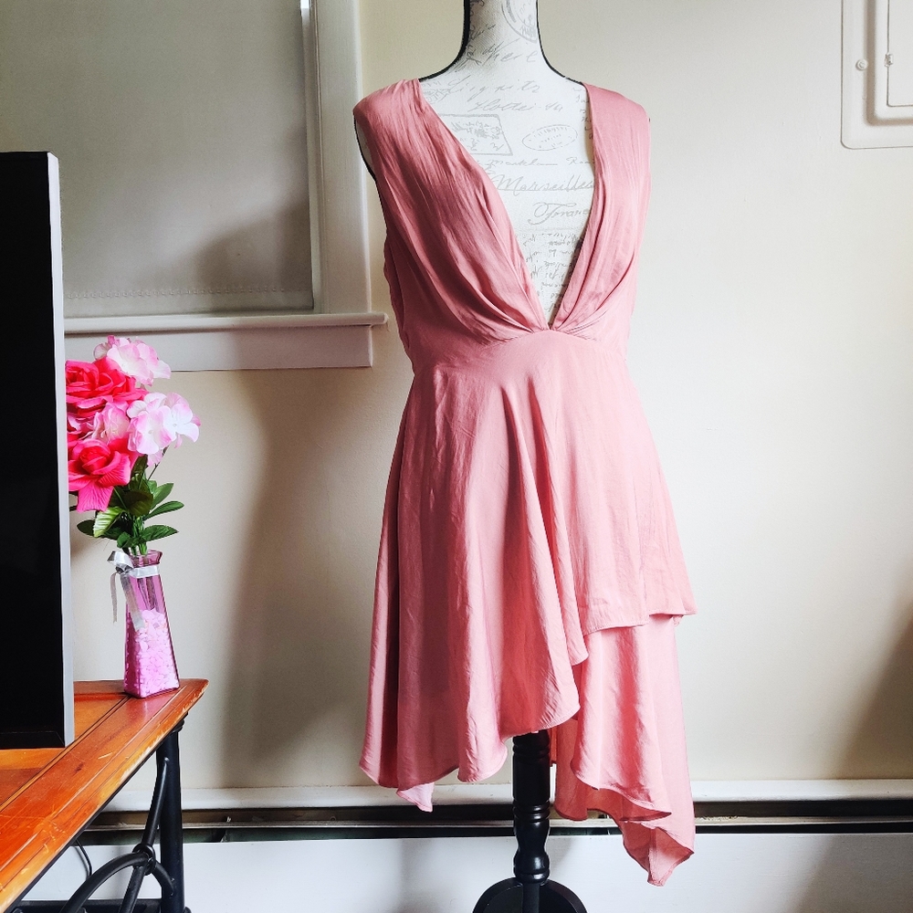 MICHAEL COSTELLO x REVOLVE Blush Pink Deep V-Neck Asymmetrical Mini Dress  M